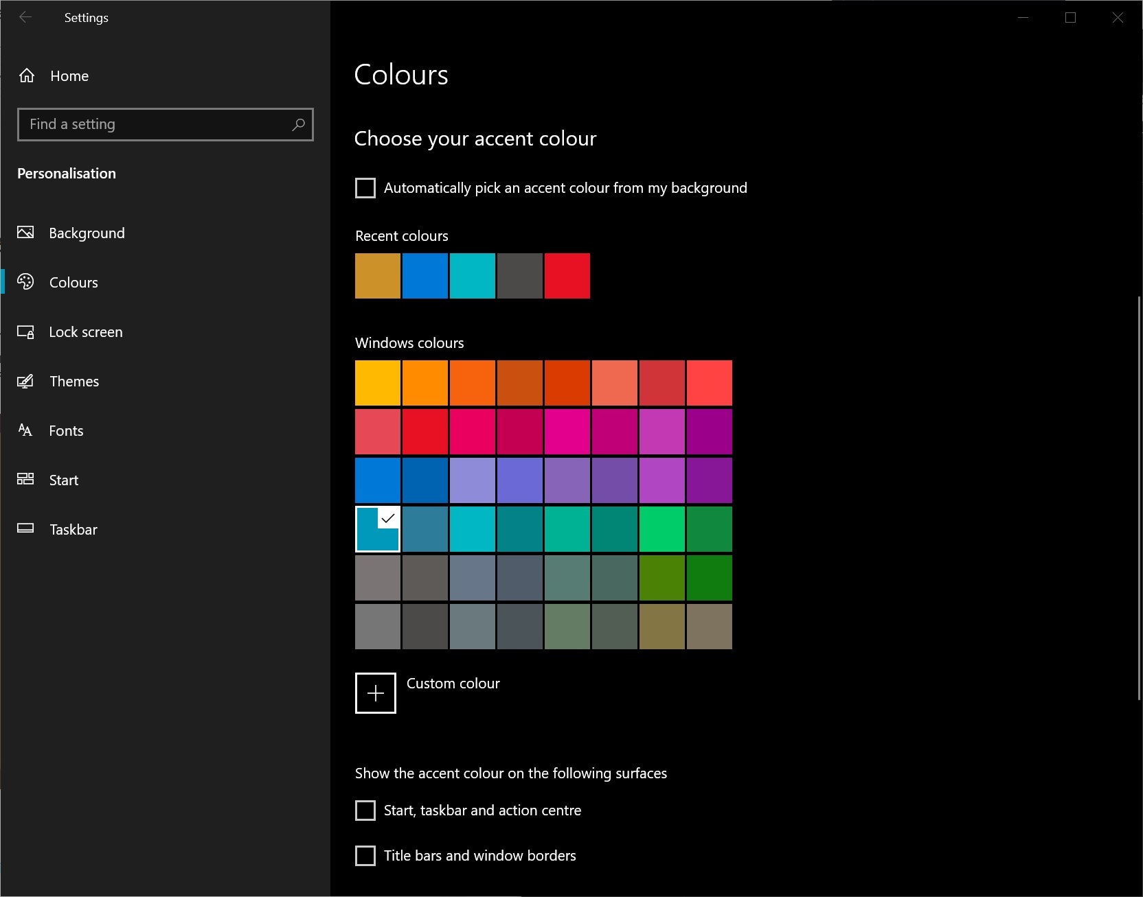 Windows Settings for Start menu Accent Colors